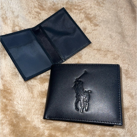 Polo Ralph Lauren Big Pony Black Leather Finish Bifold Wallet With ID Holder Men - Picture 1 of 8